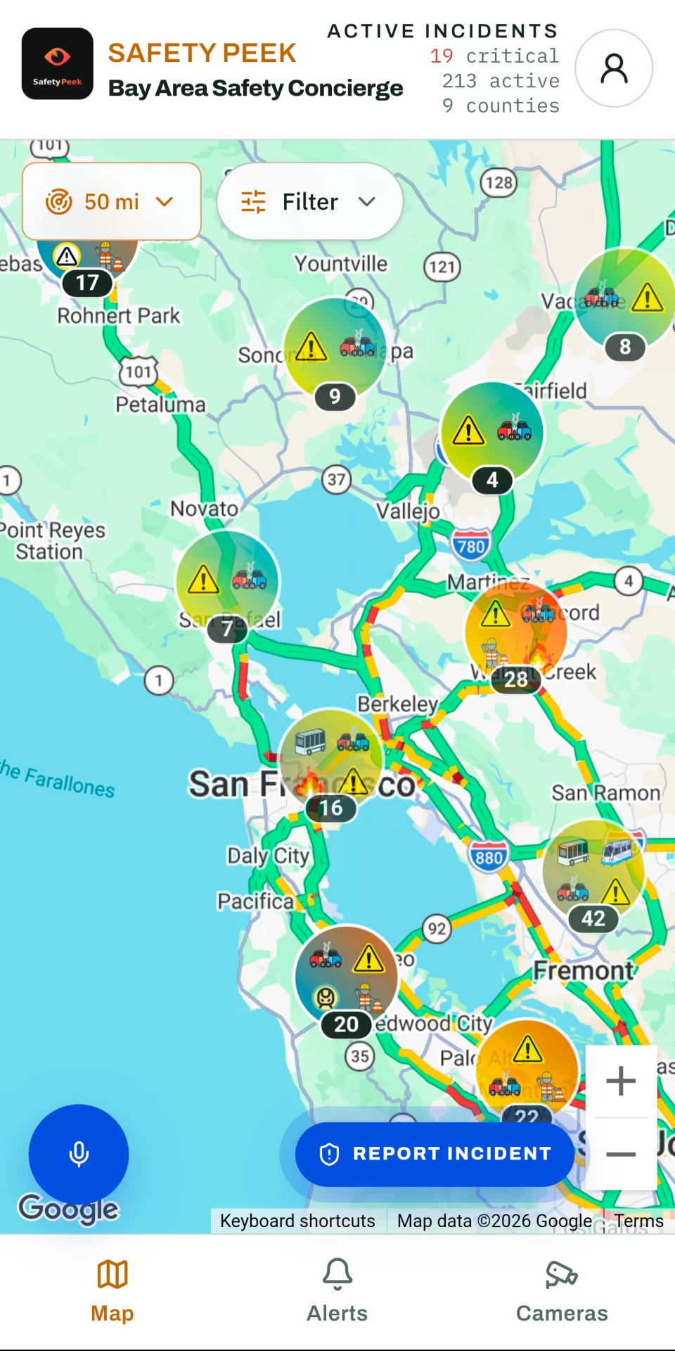 Safety Peek live Bay Area incident map with traffic, map markers, filters, and report controls