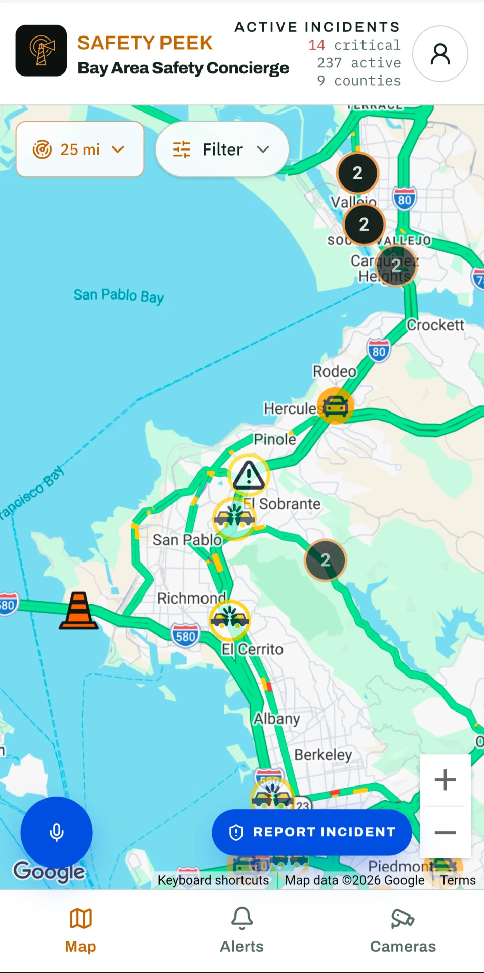 Safety Peek live Bay Area incident map with traffic, map markers, filters, and report controls