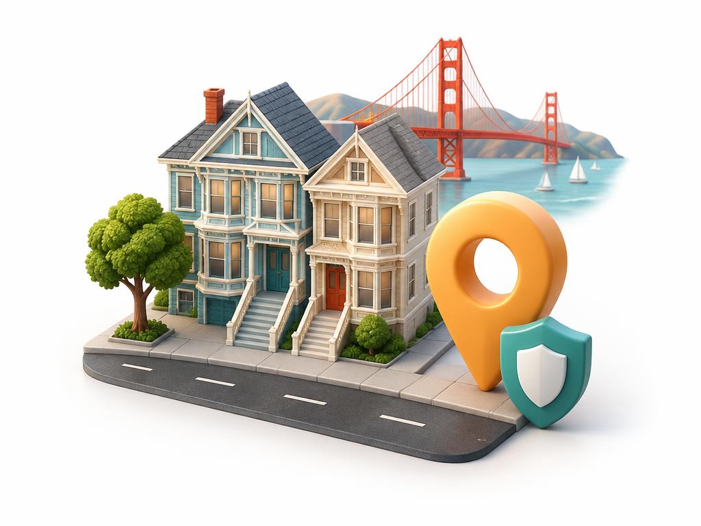 Bay Area neighborhood with a location pin and safety shield